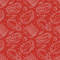 Seamless pattern of meat cuts in line art style on red background with steak, ribs and spices. Perfect for food packaging barbecue or butcher shop design. vector