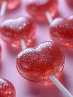 Close-up view of shiny heart-shaped red lollipops arranged neatly. photo