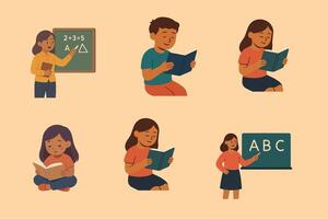 Flats design-Child reading book and Teacher instruction on chalkboard vector