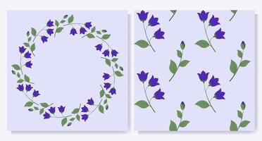 Set of round flower frame and blue bells pattern vector