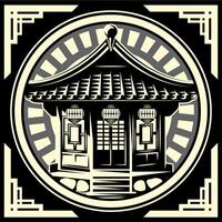 Traditional Japanese Temple in a Circular Frame with Lanterns and Steps in Black and White vector
