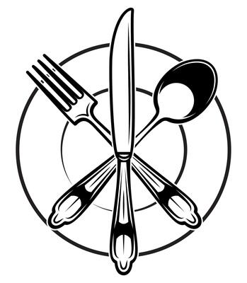 Black and White Illustration of a Plate with Crossed Knife, Fork, and Spoon, Symbolizing Mealtime