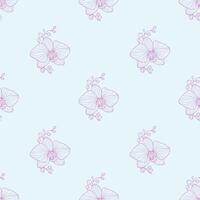 Seamless pattern with delicate orchid flowers in soft purple line art on a light blue background. Elegant and minimal floral design. For textiles, wallpapers, wrapping paper, and digital project vector