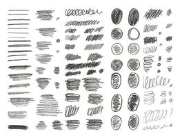 Set Charcoal Brush Strokes, Wavy Lines Shapes. Kids Hand Drawn Abstract Shapes Lines Drawn with Pencil Black charcoal. Circles, Scribbles Strokes and Grunge Texture for Children Illustration. vector