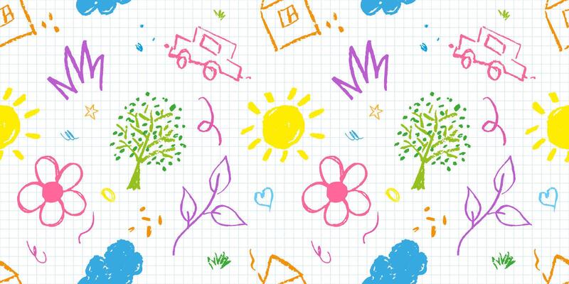 Kid Pattern with Hand Drawn Children Drawings. Background with Doodle Cute Illustrations with Charcoal Pencil, Chalk. Kid Flower, Sun, Cloud, Summer Illustration. Children Pattern illustration.