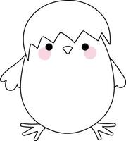 Cute chick hatching from egg with broken shell on head - simple black and white outline drawing for coloring page, Easter activity vector
