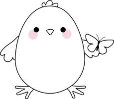 Cute chick with tiny butterfly on wing - simple coloring page for kids, kawaii doodle outline vector