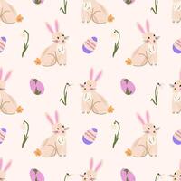 Easter bunny seamless pattern. Cute background with rabbit, snowdrop and eggs. Elegant texture for textile design, wrapping paper, wallpaper, poster vector