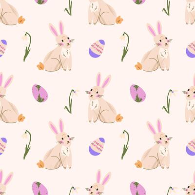Easter bunny seamless pattern. Cute background with rabbit, snowdrop and eggs. Elegant texture for textile design, wrapping paper, wallpaper, poster
