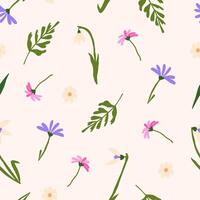 Simple seamless pattern with spring wildflowers on pastel background. Elegant hand drawn repeated texture with tiny decorative leaves, snowdrops for cases, stationery, wrapping, textile vector