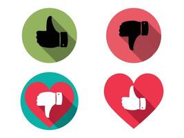 Like, Dislike and Heart Icons with Long Shadow Flat Design. Up and Down Thumbs Icons. vector