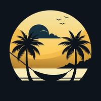 Minimalist Sunset Beach Illustration With Palm Trees And Hammock Graphic vector