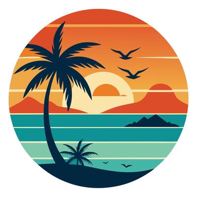 Retro Tropical Paradise Sunset Illustration With Palm Trees And Birds