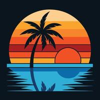 Retro Sunset Palm Tree Silhouette Beach Illustration Graphic Design vector