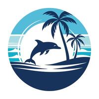 Summer Tropical Island Scene With Dolphin And Palm Trees Design vector
