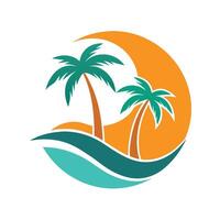 Tropical Beach Scene With Palm Trees Wave And Sun Graphic Design vector