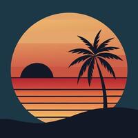 Tropical Sunset Scene With Palm Tree And Retro Design Elements vector