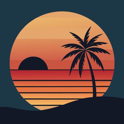 Tropical Sunset Scene With Palm Tree And Retro Design Elements