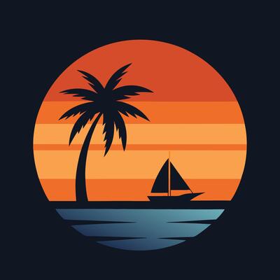 Retro Tropical Beach Sunset With Palm Tree And Sailboat Illustration