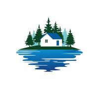 Lake House Illustration With Pine Trees And Water Reflections Graphic vector