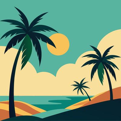 Tropical Beach Landscape With Palm Trees And Yellow Sun Retro Stylized