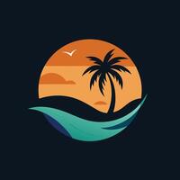 Tropical Sunset With Palm Tree And Sea Waves In Circular Design vector