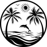 Circular Black And White Tropical Scene With Palm Trees And Dolphin vector