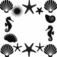 Black And White Frame Border Made Of Seashell Starfish Seahorse And Urchin vector