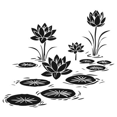 Black And White Lotus Flowers And Lily Pads In A Pond Illustration