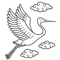 Line Art Drawing Of A Flying Crane Bird With Abstract Clouds Illustration vector