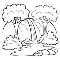 Outline Illustration Of A Waterfall Scene With Trees And Bushes vector