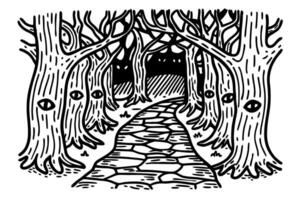 Pathway through mystical forest with eye adorned trees, mysterious enchanting woods vector
