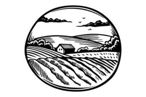Idyllic countryside landscape sketch with farmhouse, fields, and birds in serene, rustic setting vector