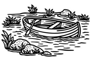 Wooden rowboat on calm lake surrounded by rocks and grass in black and white vector