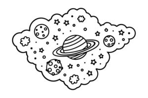 Whimsical space doodle with planets, stars, and clouds in vector