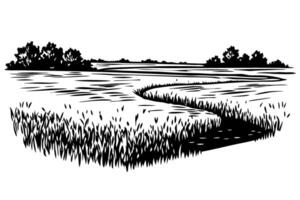 Serene landscape, winding path through countryside with grass fields, tranquil nature scene vector