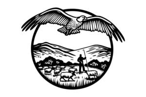 Pastoral scene with shepherd, flock, and soaring eagle in circular ink landscape design vector