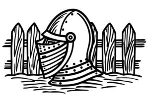 medieval knight helmet on rustic fence armor, metal, history, protection, retro art vector