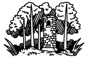 Old stone watchtower hidden among dense forest trees vector