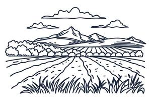 Mountain landscape illustration with fields, trees, and clouds in minimalist vector