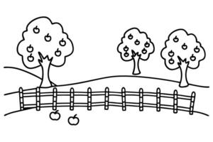 orchard scene with apple trees and a wooden fence, simple line art illustration for coloring vector