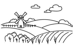 simple windmill landscape drawing with hills, clouds, and trees vector