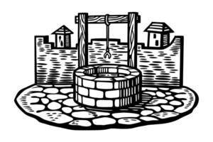 Medieval stone well illustration with village background architecture vector
