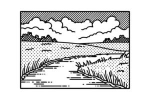 Scenic black and white landscape illustration of a river flowing through open fields vector