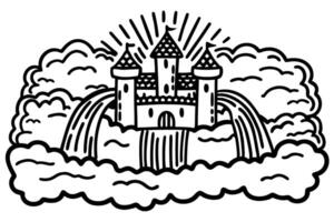fantasy castle in the clouds with waterfalls magical fairytale scene with radiant sunshine vector
