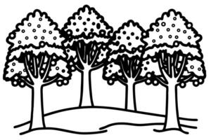 line art of five trees on a hillside simple, minimalist nature illustration in black and white vector
