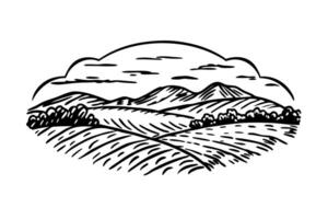 scenic landscape illustration with mountains and fields under a cloudy sky, nature art vector
