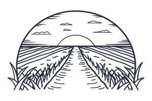 Sunset over horizon with path through grassy fields and clouds vector