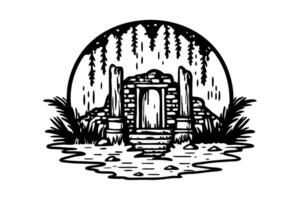 mystical ancient ruins with overgrown vines and stone structures, enigmatic doorway in wilderness vector