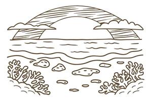 Minimalist ocean scene with coral and sun setting behind clouds vector